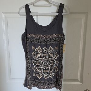 Sonoma Women's Dark Gray and Cream Patterned Tank Top